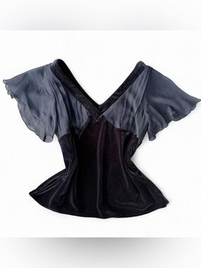 Black Silk and Velvet Top with Sheer Flutter Sleeves
